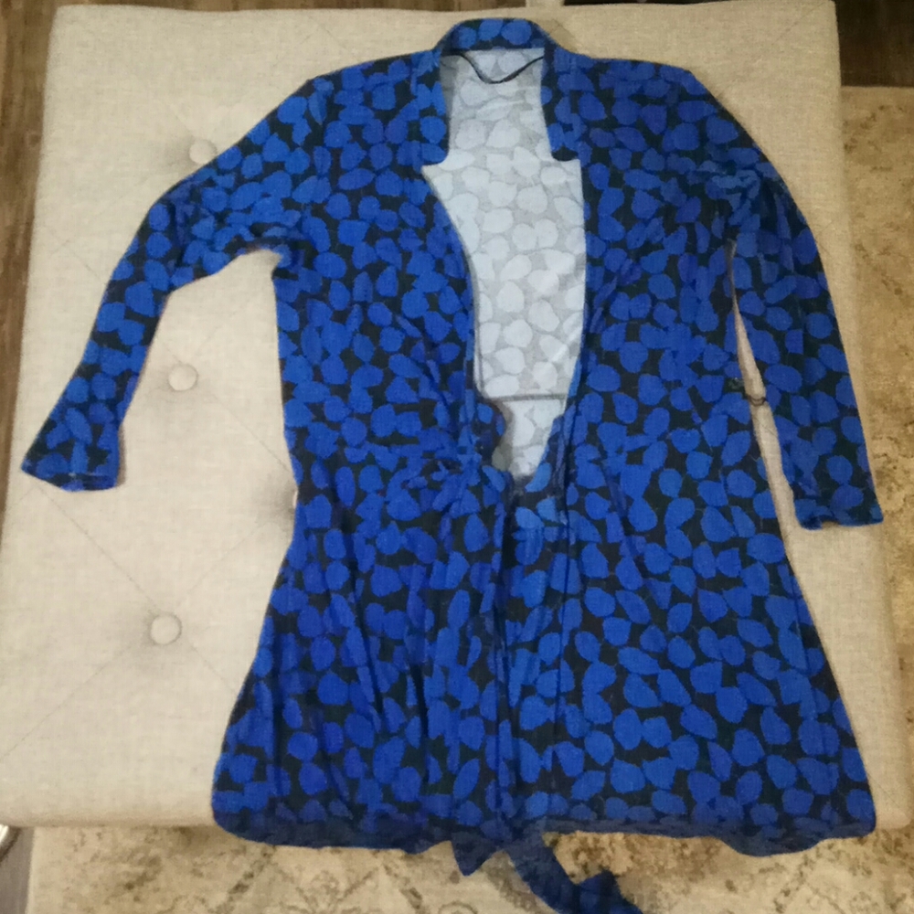 Blue wrap dress.